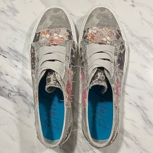 Patchwork blowfish slip ons